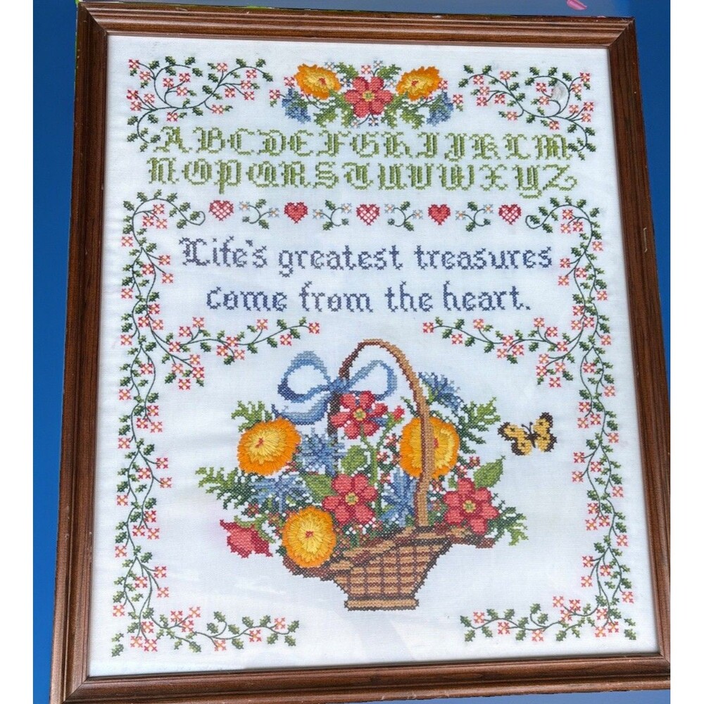 Vintage Needlepoint Sampler ABC Floral Handmade-FRAME NOT INCLUDED, un framed